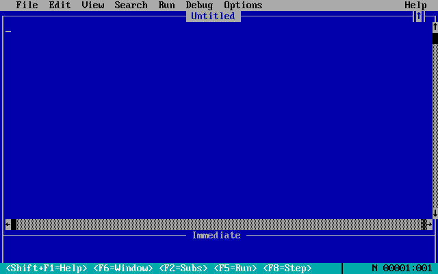 Blue Microsoft QBasic 1.0 editor with a recreated number guessing program shown in the editor.